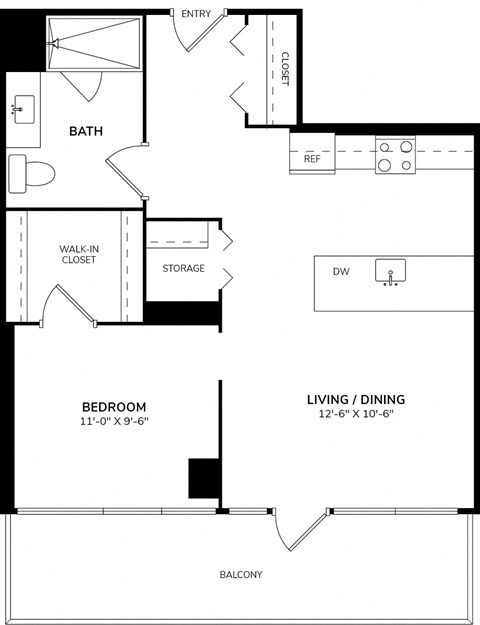 Floor plan for studio, 1 bath, 630 sqft